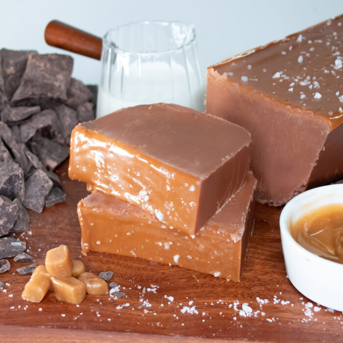Sea Salt Caramel Fudge: There’s a reason our Sea Salt Caramel Fudge is a top seller. Made with rich Belgian chocolate fudge, infused with creamy caramel throughout, and topped with a thick caramel and sprinkle of coarse sea salt—each bite delivers layers of deep indulgence with a savory finish. It doesn’t get much better than that.