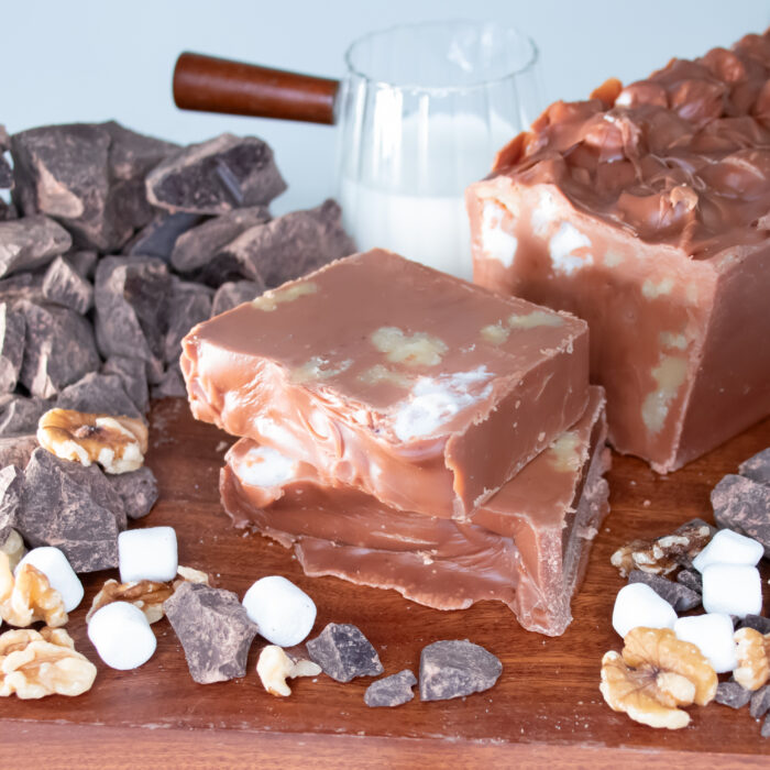 Rocky Road Fudge, Copper Coast Confections, Our Rocky Road Fudge starts with a creamy Belgian chocolate base, then we add crunchy walnuts and fluffy marshmallows for the perfect balance of smooth and textured goodness! 