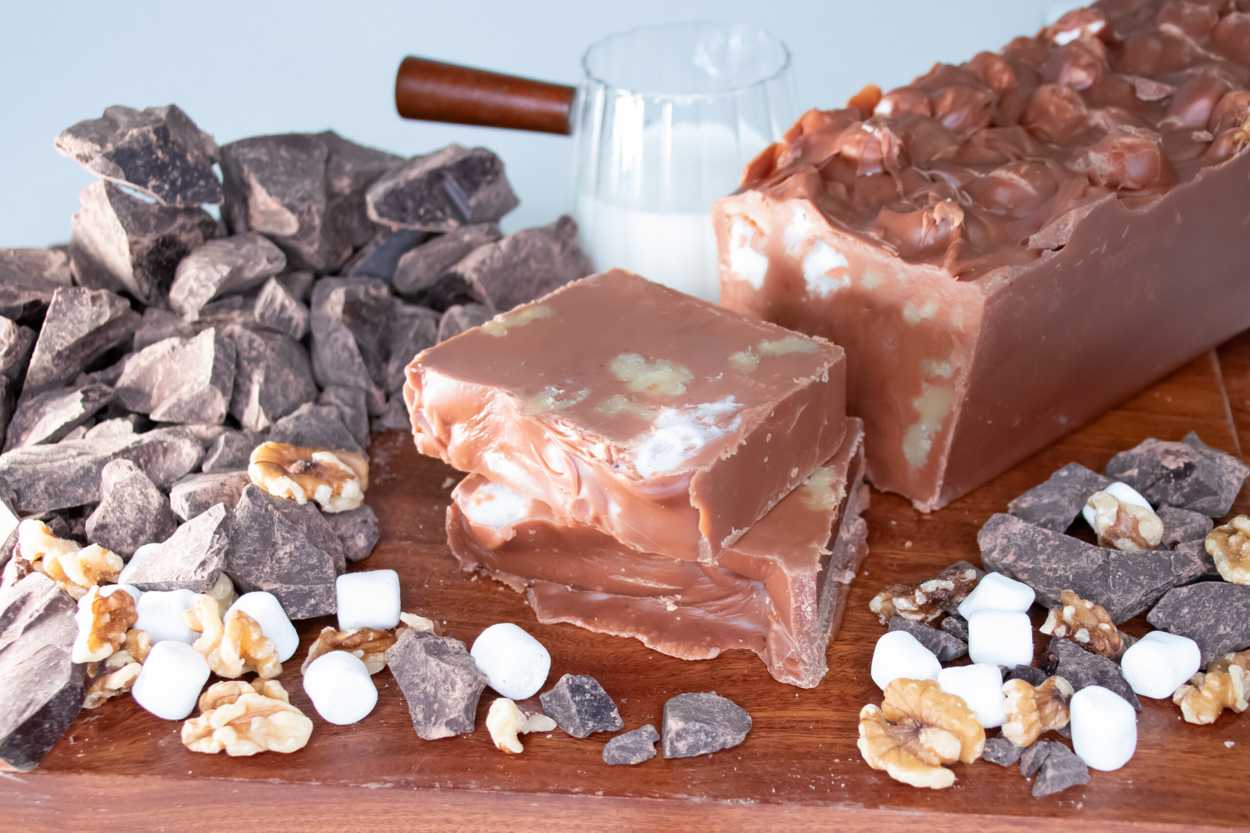 Rocky Road Fudge, Copper Coast Confections, Our Rocky Road Fudge starts with a creamy Belgian chocolate base, then we add crunchy walnuts and fluffy marshmallows for the perfect balance of smooth and textured goodness!